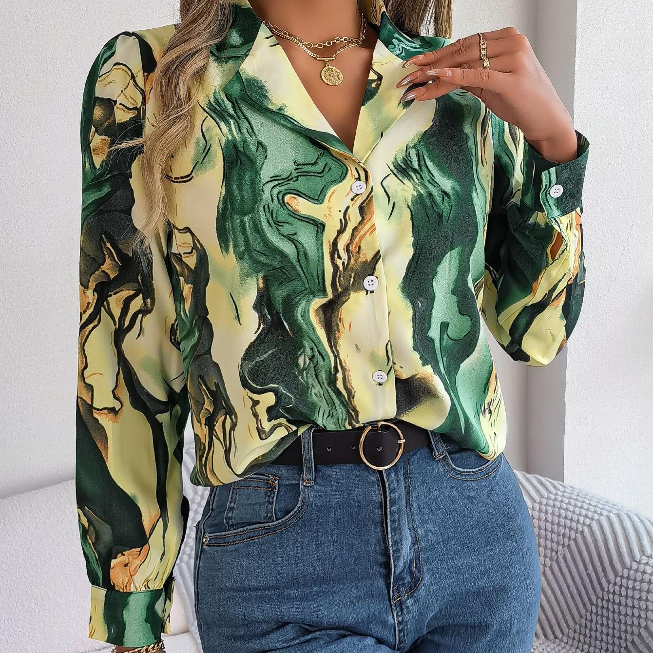 

GMXIA Женская модная повседневная рубашка с длинным рукавом и воротником, блузки и рубашки в контрастную полоску XL зелёный