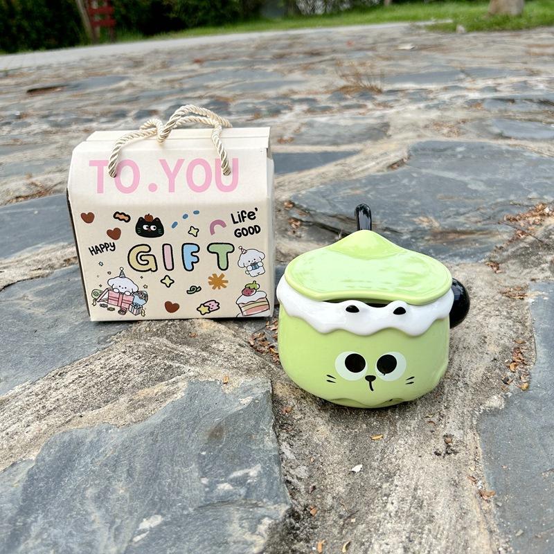 Niedlicher Becher mit Deckel Löffel mit Hochwertiger Keramik Stapelbecher Geschenkbox für Studenten Zuhause Cartoon Katze Wasserbecher 400ml white