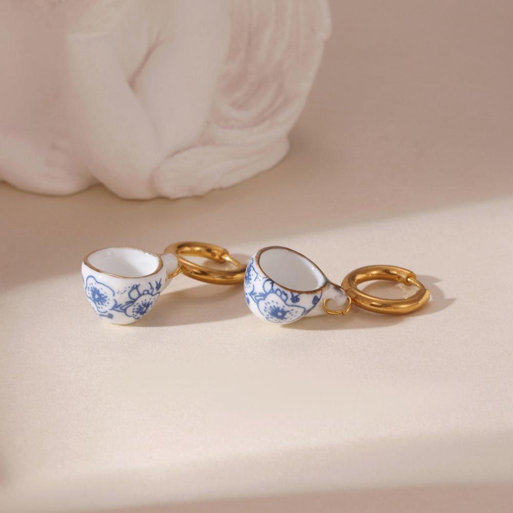 Chinese Style Blue and White Porcelain Earrings Dripping Oil Gold Enamel Hoop Earrings  Girls