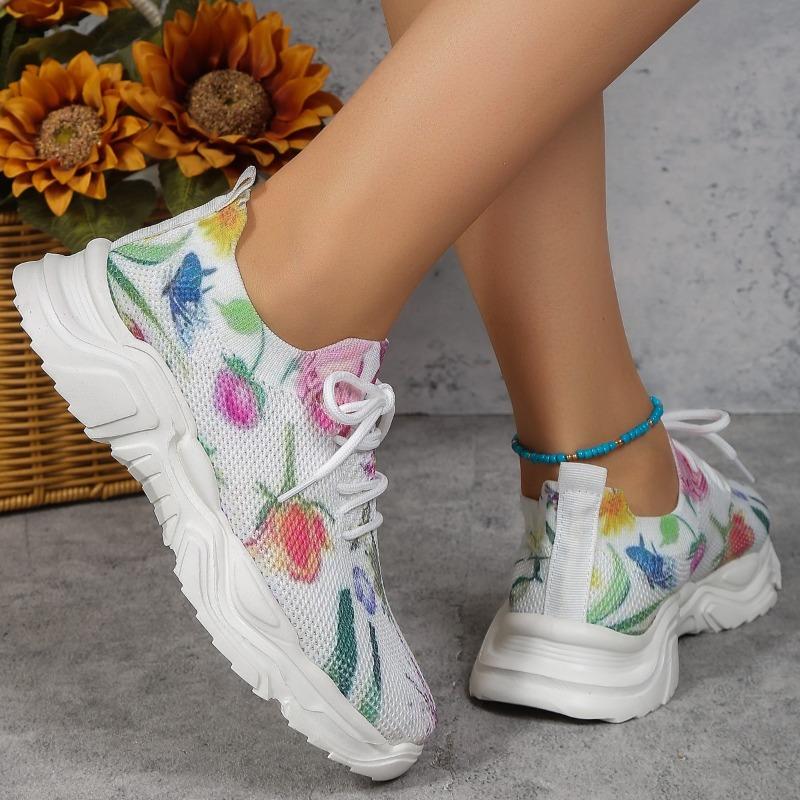 Fashion 2025 Fashion Mesh Printed Sneakers Women Rhinestone Knitted Breathable Flats Shoes Woman Comfort Non-Slip Running Walking Shoes