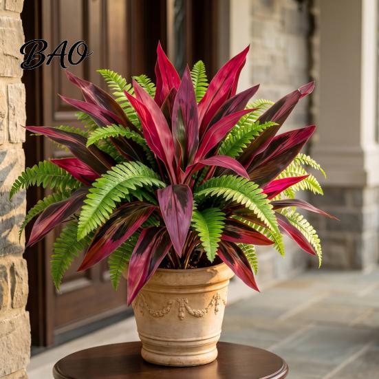 Spring Summer Seasonal Wreath Artificial Fern And Red Dracaena Plants, UV Resistant Decorative Faux Plant, Home Accents Realistic Plants for