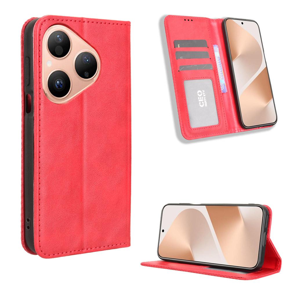 

For Huawei Pura 80 Leather Case Wallet Stand Retro Texture Phone Cover Red
