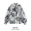 2025 Spring Women's European & American Style Ruffle Trim Printed Chiffon Long Sleeve Shirt