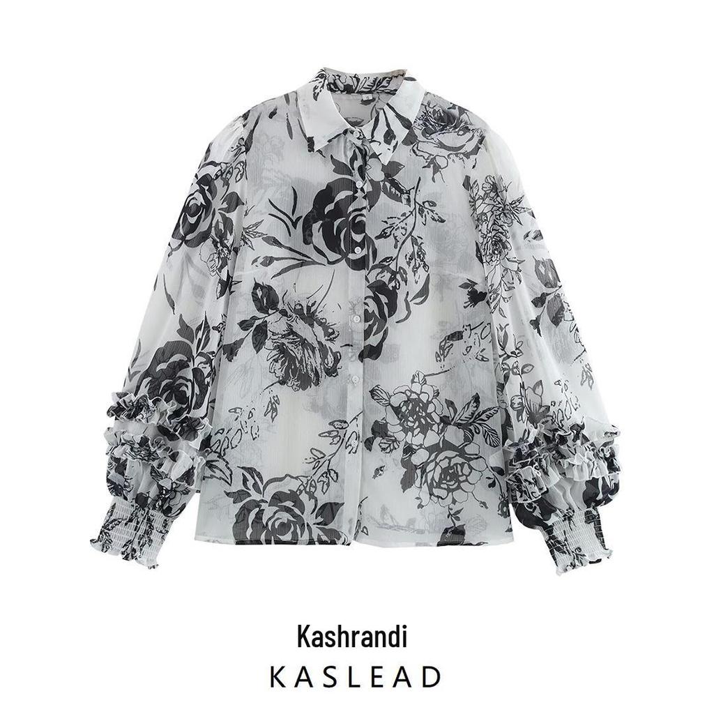 2025 Spring Women's European & American Style Ruffle Trim Printed Chiffon Long Sleeve Shirt