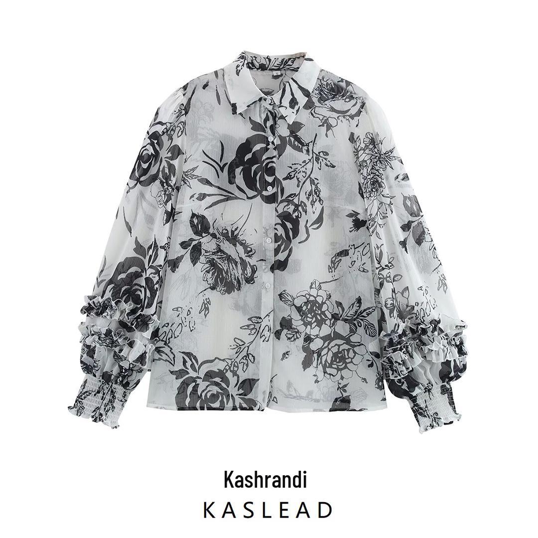 

2025 Spring Women s European & American Style Ruffle Trim Printed Chiffon Long Sleeve Shirt Large цветочные печати