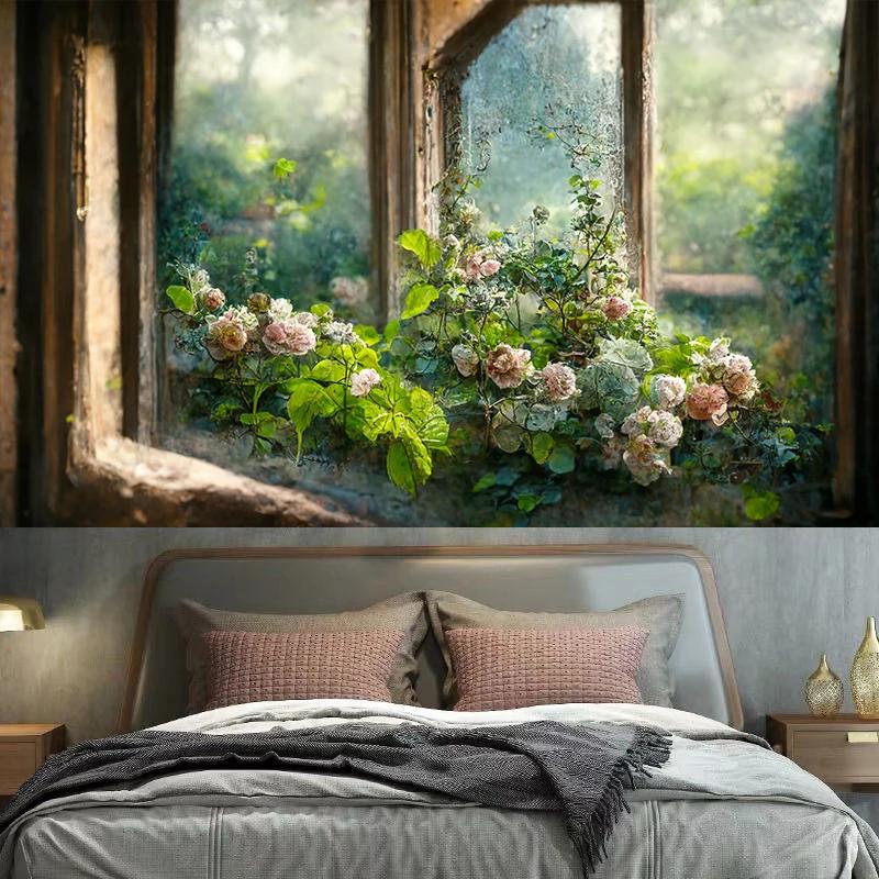 Vintage Garden Window Sill Floral Tapestry Wall Art Decoration Background Cloth Room Aesthetic  Home