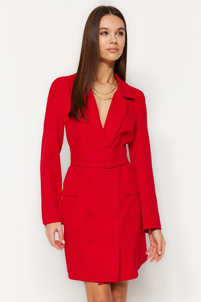 Women's Dress New Season Fashion Red Belted Button Detailed Mini Jacket Woven Dress
