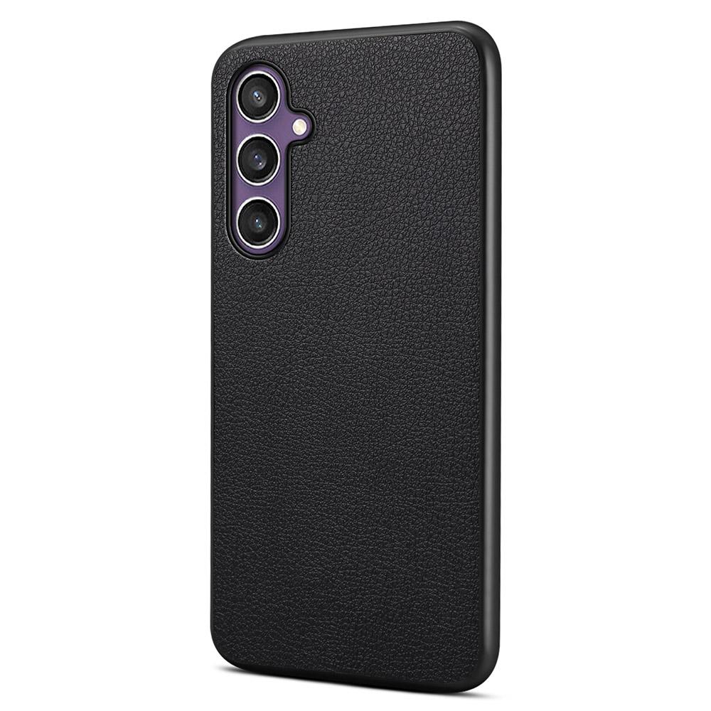 

For Samsung Galaxy S25 Case Calf Texture Leather+PC+TPU Phone Cover Black