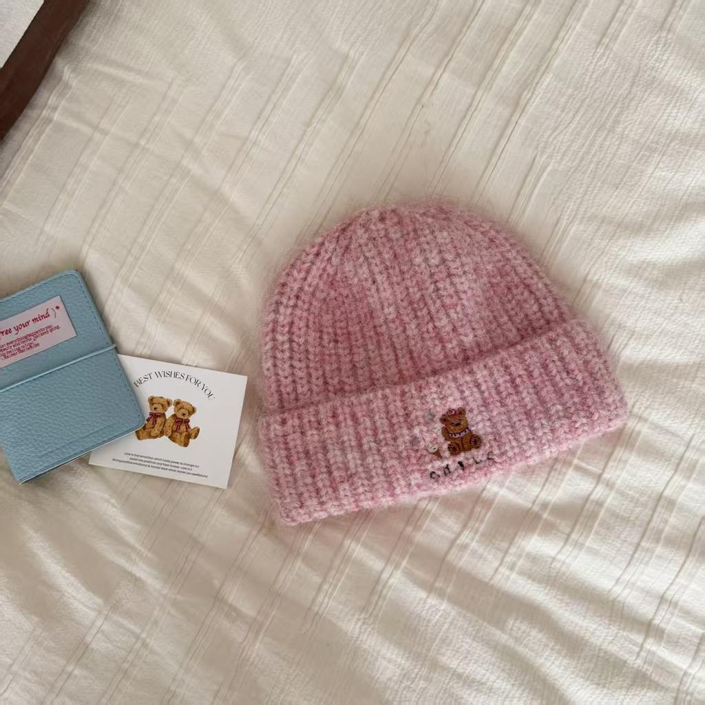 Cute bear embroidered knitted hat women's autumn and winter thickened thermal ear protection hat showing face small cold hat wool hat