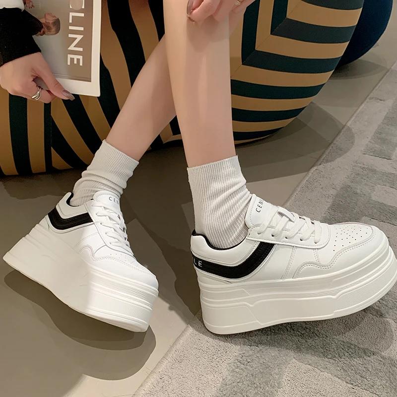 Fashion New 2024 Autumn Women High Platform Shoes 8CM Comfortable Chunky Sneakers Breathable Leather Wedges Casual Sport Dad Shoes Woman