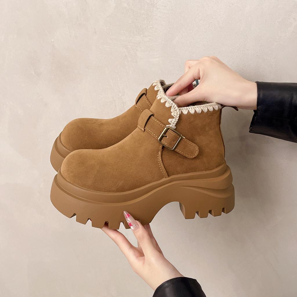 Small muffin thick-soled heightening Martin boots women's super fire small short boots Maillard brown versatile autumn and winter knight boots