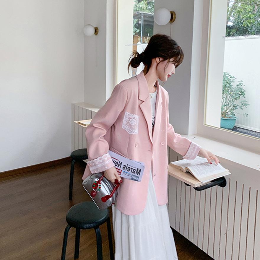 Pink Lace Splicing Blazer Women's Spring and Autumn New Explosive Super Fire Suit Unique and Beautiful Design Sense