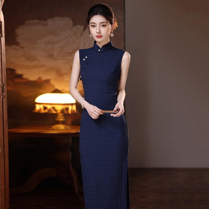 Blue National Style New Chinese Sleeveless Long Cheongsam Improved Young 1011 New Women's High Sense Daily Wear