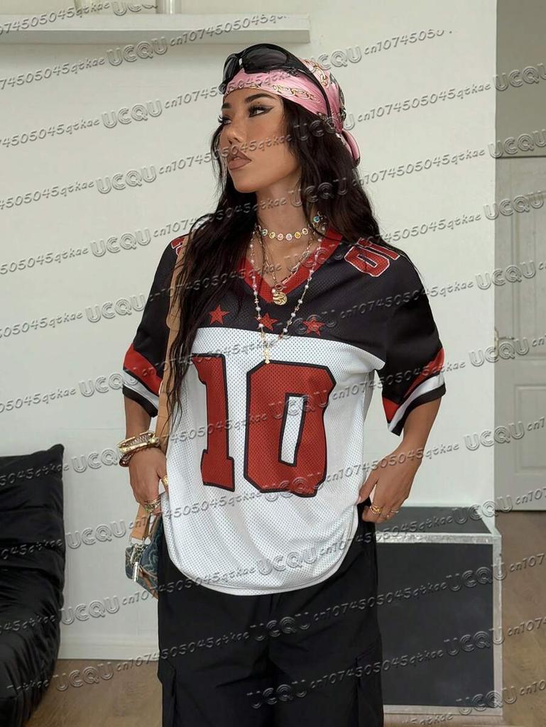 Damen Y2K Sommer Neu Netz Atmungsaktiv Jersey T-Shirt V-Ausschnitt Schulterfrei Digital Bedruckt Sexy Outfit Kurzarm lässiges Oberteil