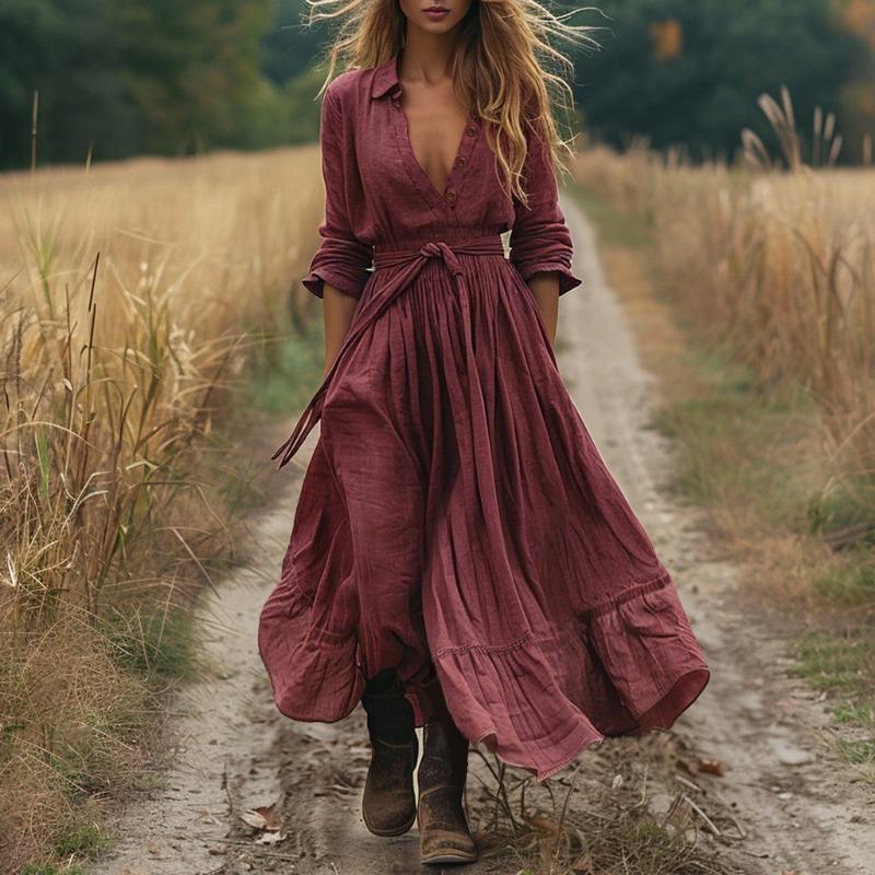 Women Vintage Bohemian Long Sleeve Long Casual Maxi Dress