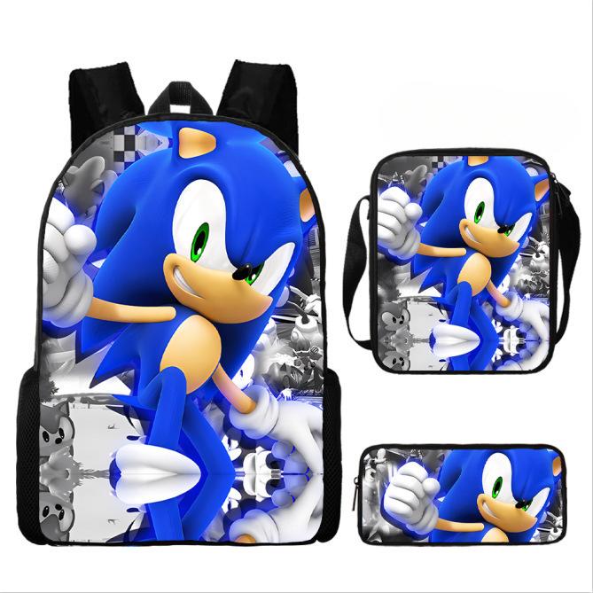 Sonic Backpack Set for Kids 3-Piece Anime Cartoon School Bag Boys Girls Lightweight Anti-Theft Bookbag with Pencil Case & Lunch Bag