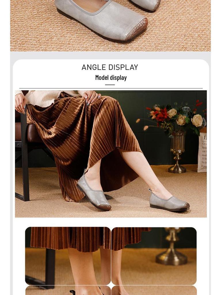2025 Autumn Women's Retro Genuine Leather Square Toe Slip-On Ballet Flats