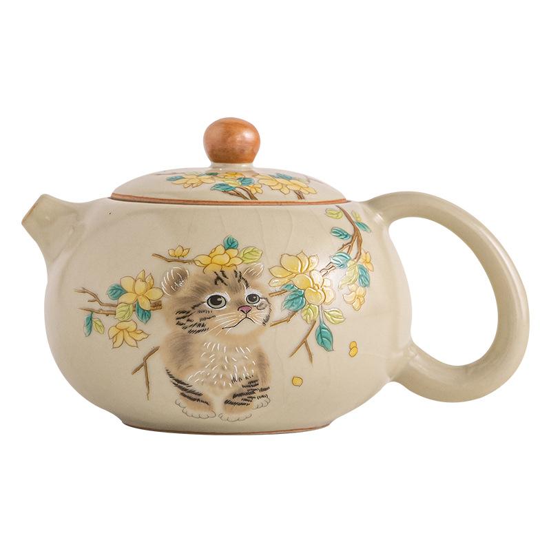 Imitation Song Ru Kiln Beige Xishi Pot Ceramic Square Small Bubble Teapot Household Filter Single Pot Kung Fu Tea Set Teapot