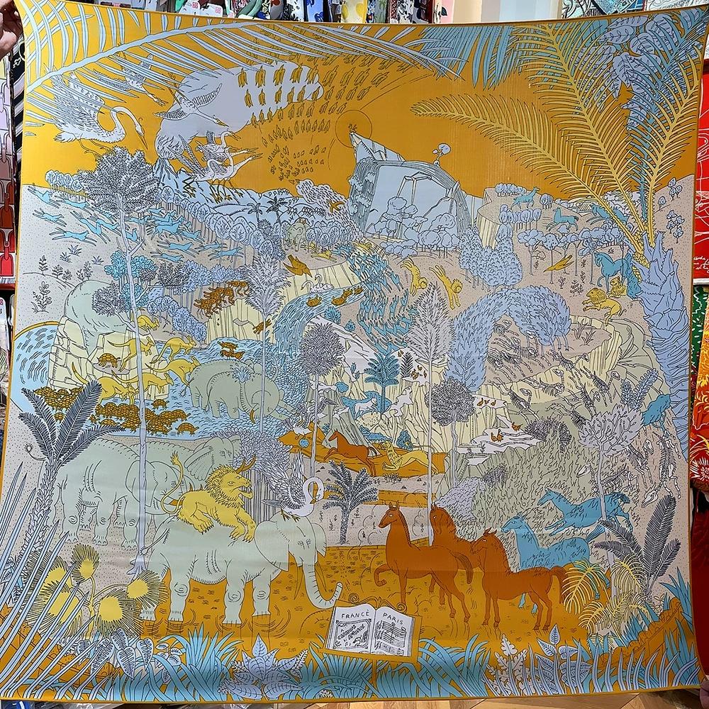 

130CM Warm Silk Cashmere Scarf Women Hand Rolled Shawl Forest & Animal Printed Square Scarves Wraps Ladies Bandana Hijab Foulard 130x130cm