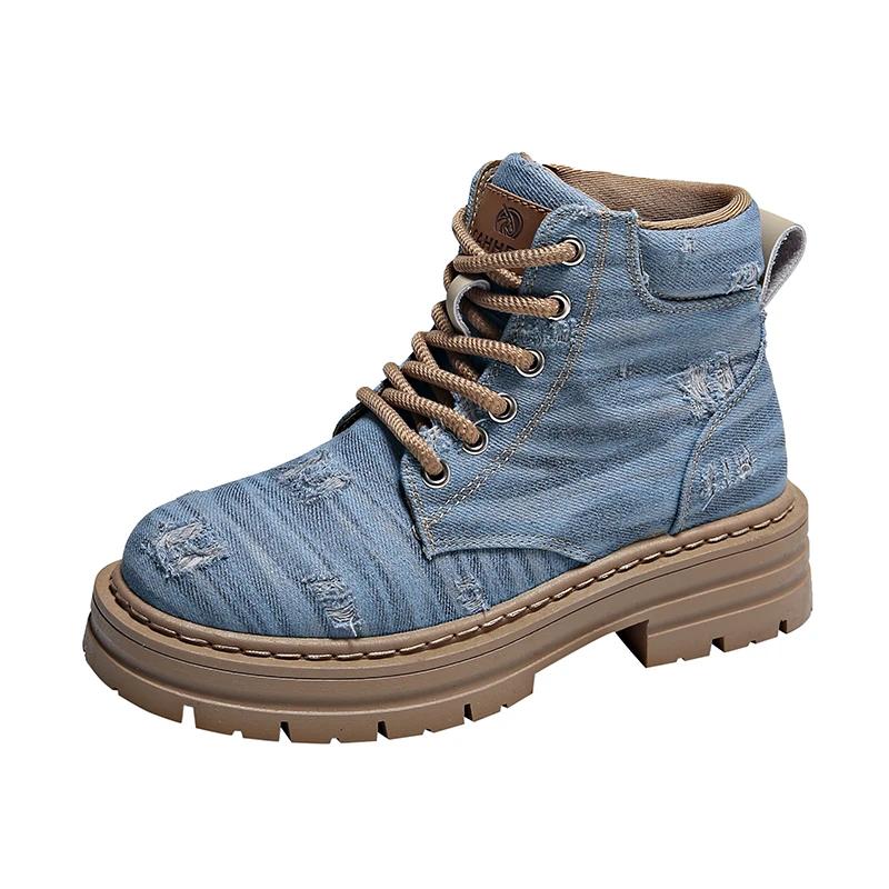 Fashion Denim Women's Ankle Boots Lace Up Commuter Female Boots Patchwork Fabric Platform Woman Low Heel Sports Boots