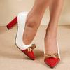 European & American Women's Chunky Heel Bow High Heels - Patent Leather, Pointed Toe, Plus Size