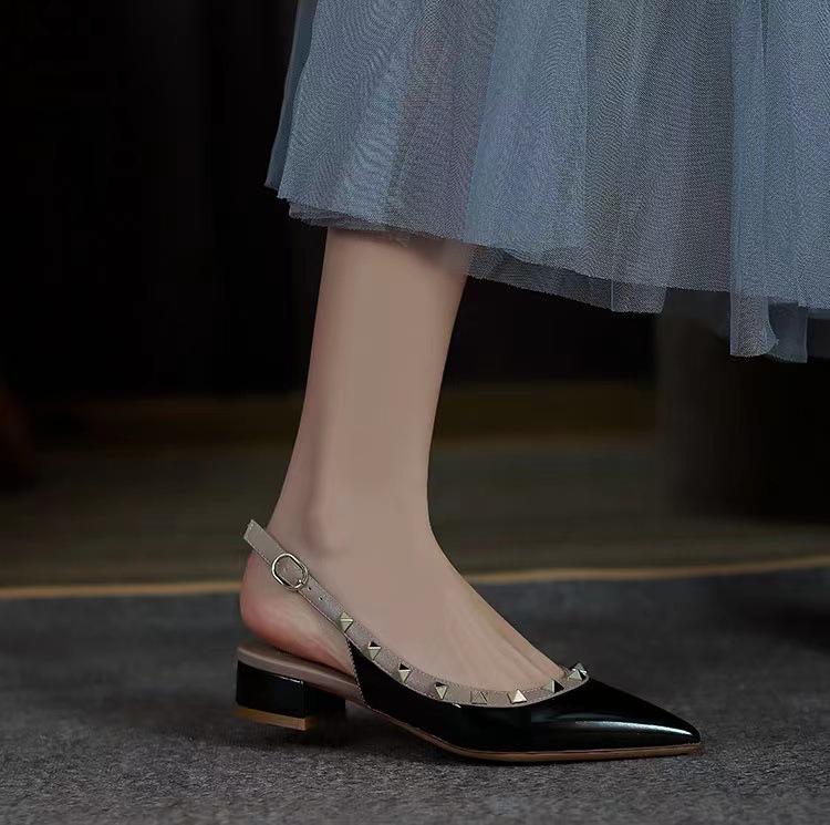 2024 Summer Mid-Heel Nude Pointed-Toe Studded Peep-Toe Chunky Heel Backless Sandals for Women