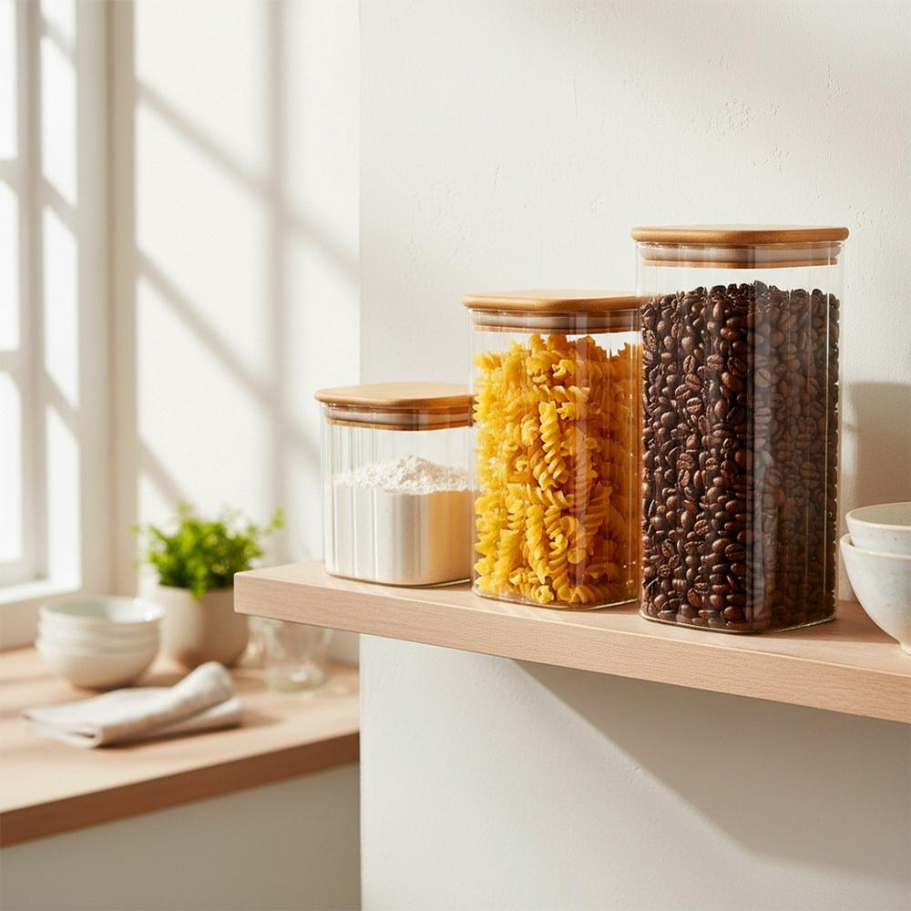 Glass containers for loose products with lid and seal 1.6 l / 1.1 l / 750 ml 3 pcs.
