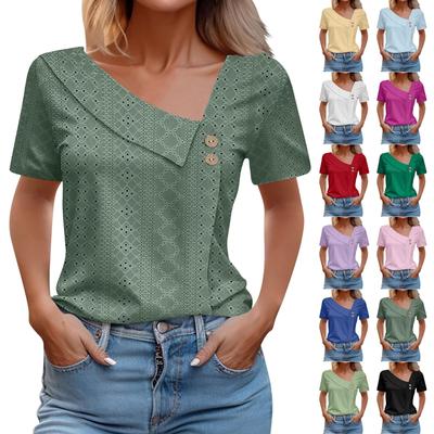 Women's Top V-neck Button Solid Color Hollow Loose Short Sleeved T-shirt