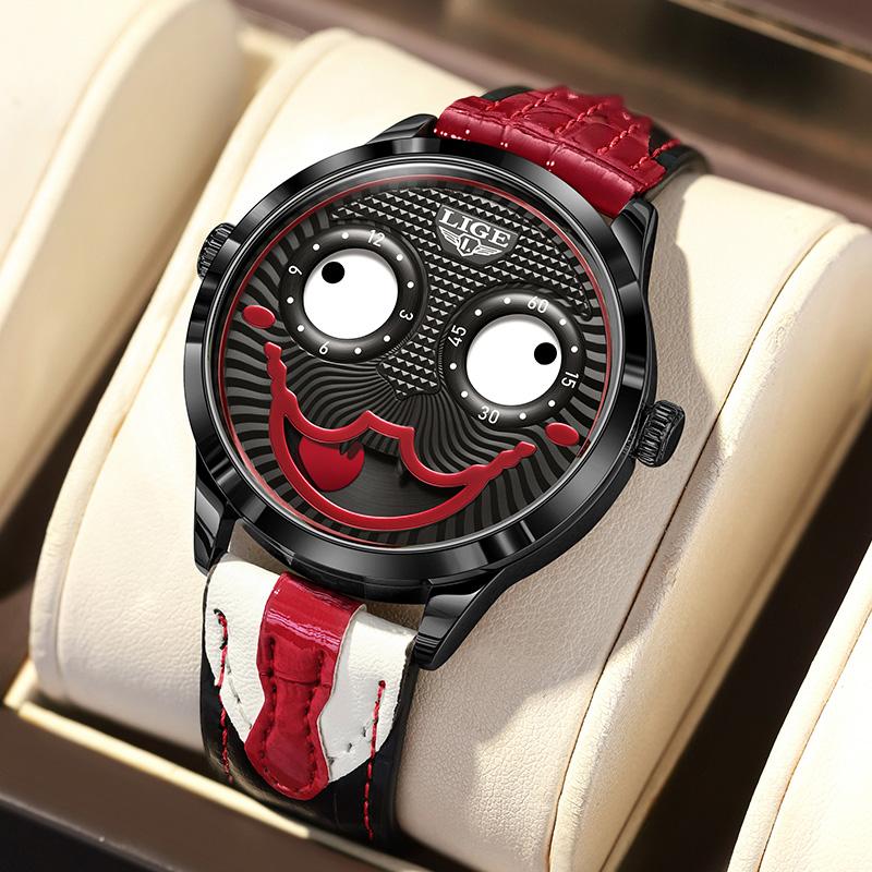 LIGE Creative Joker Watch Men Men's Clown Watches Fashion Leather Strap Waterproof Quartz Wristwatches Moon Phase Clock+BOX