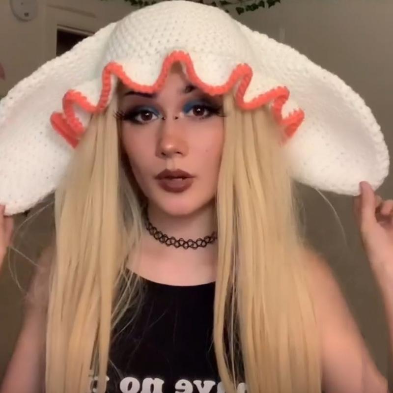 New Hand Knitted Embroidered Big Brim Hollow Fisherman Hat Showing Face Little Cute Knitted Hood