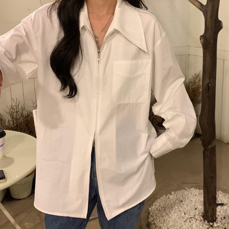 Women's White Zipper Shirt with Large Collar - Versatile for Layering, Unique Design