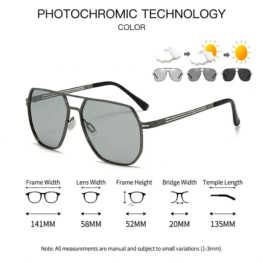 Polarized Uv400 Sunglasses Men Women Photochromic Anti Glare Metal Large Square Frame Sun Glasses For Driving Fishing Outdoor