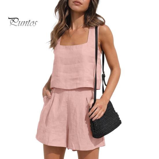 2 Pcs/Set Women Tank Top Shorts Set Square Neck Sleeveless Loose Top High Waist A-line Trousers Casual Daily Wear Vest Pants Set