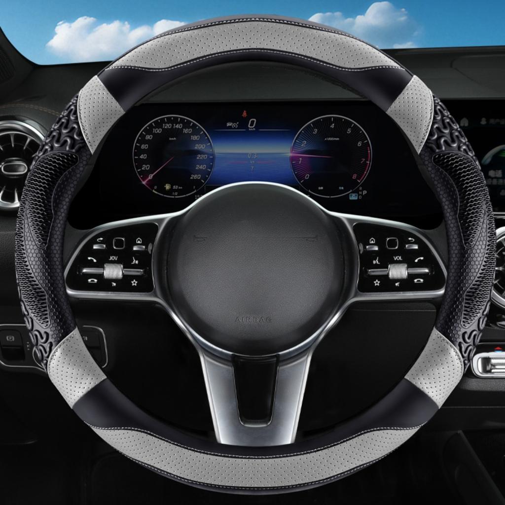 Sporty All-Season Steering Wheel Cover with Heat Embossing, Perforated PU Leather for Enhanced Grip - Fits 14.5-15 Inch Wheels