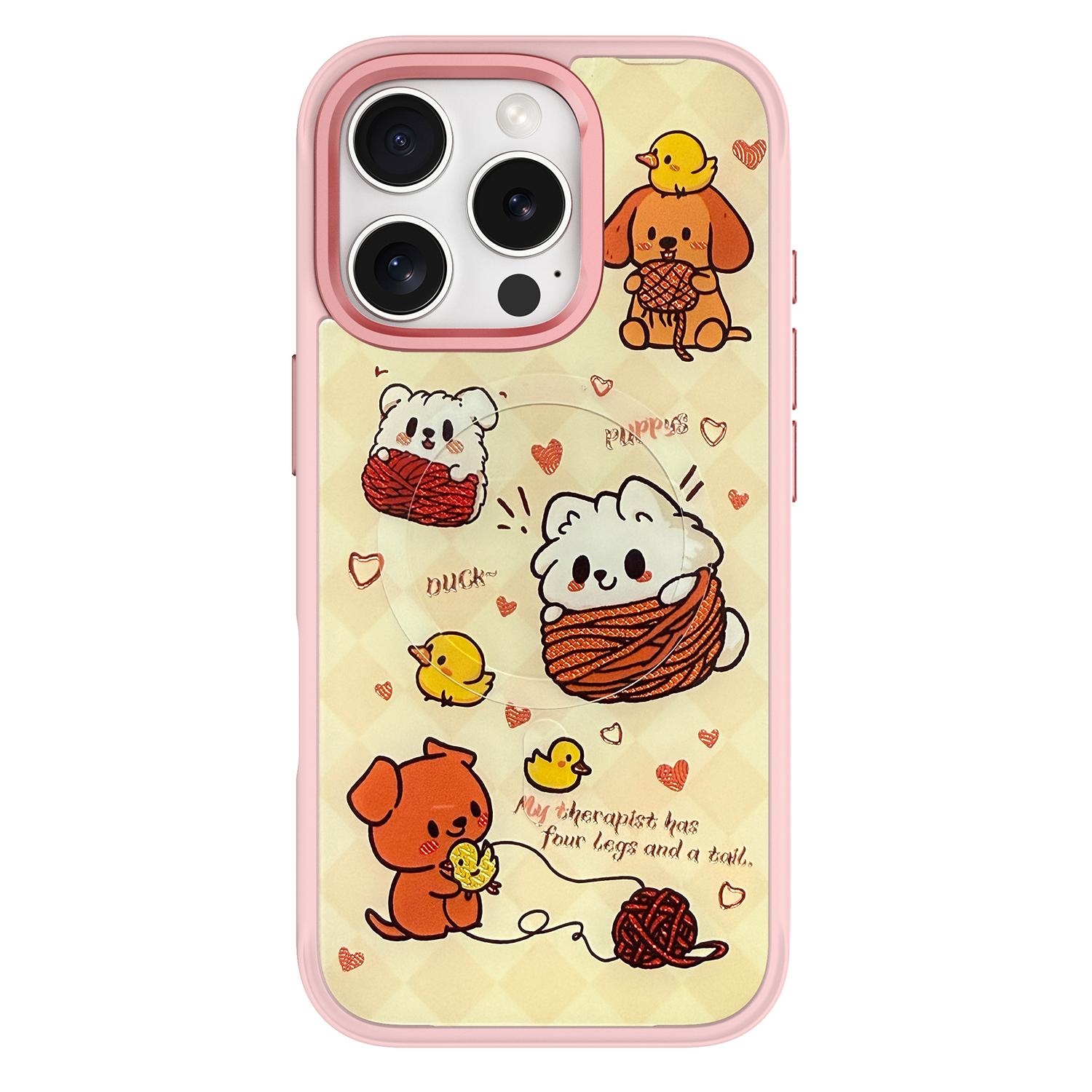 

For iPhone 16 Pro Max Magnetic Case TPU PC Phone Cover with Yellow Duck Knitted Cat Backplate Pink