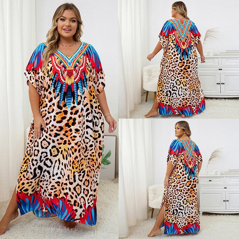 European-American Rayon Print Plus Size Beach Cover-Up Dress & Long Robe