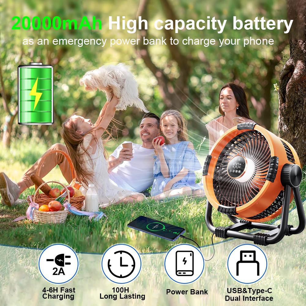 20000mAh Outdoor Tent Electric Ceiling Fan Wireless Portable Air Circulators Rechargeable Camping Fan