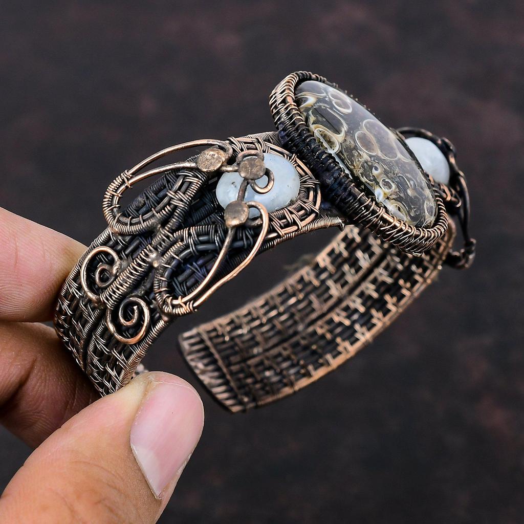 Turritella Agate Cuff Bracelet Copper Wire Wrapped Bangle Rainbow Moonstone Gemstone Cuff Handmade Adjustable Bangle Copper Jewelry For Gift