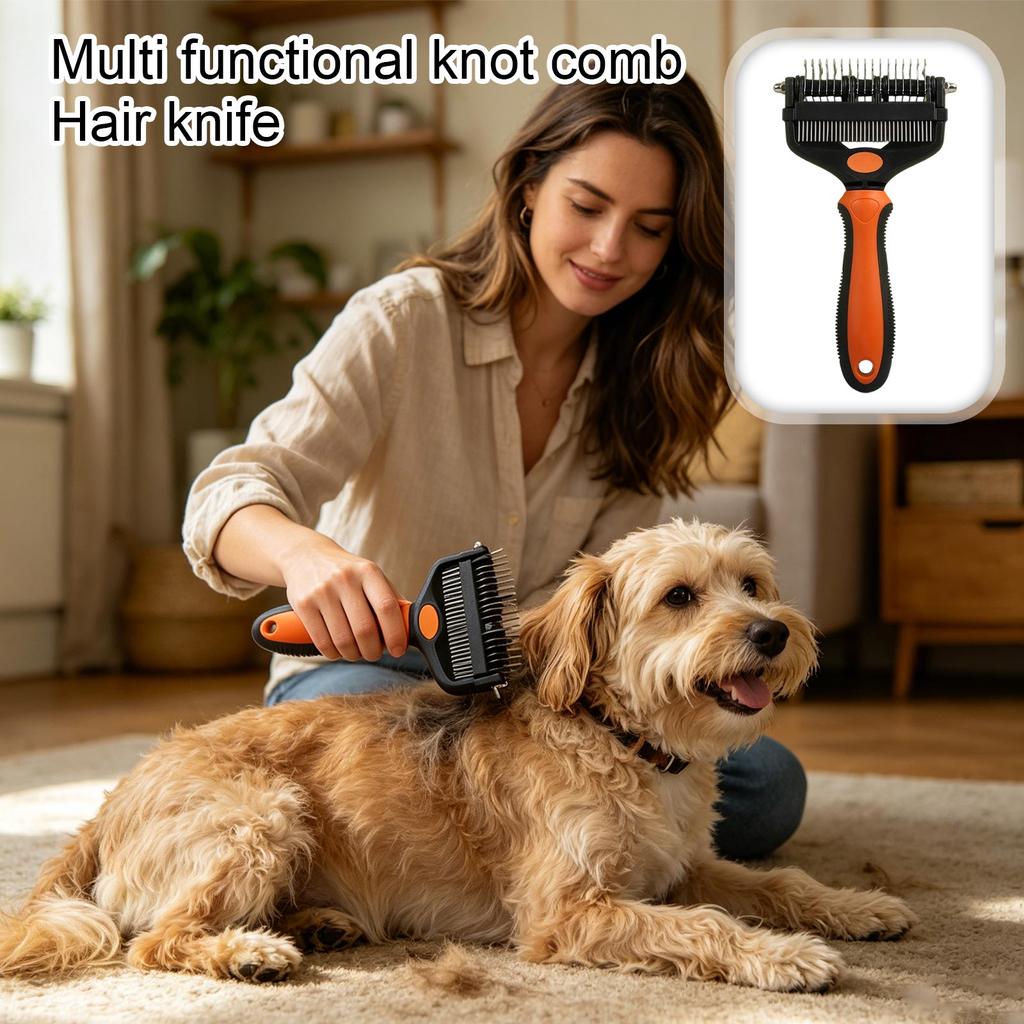 Pet Grooming Dematting Comb with Stainless Steel Blades and Ergonomic Handle for Removing Mats and Tangles from Fur and Coat