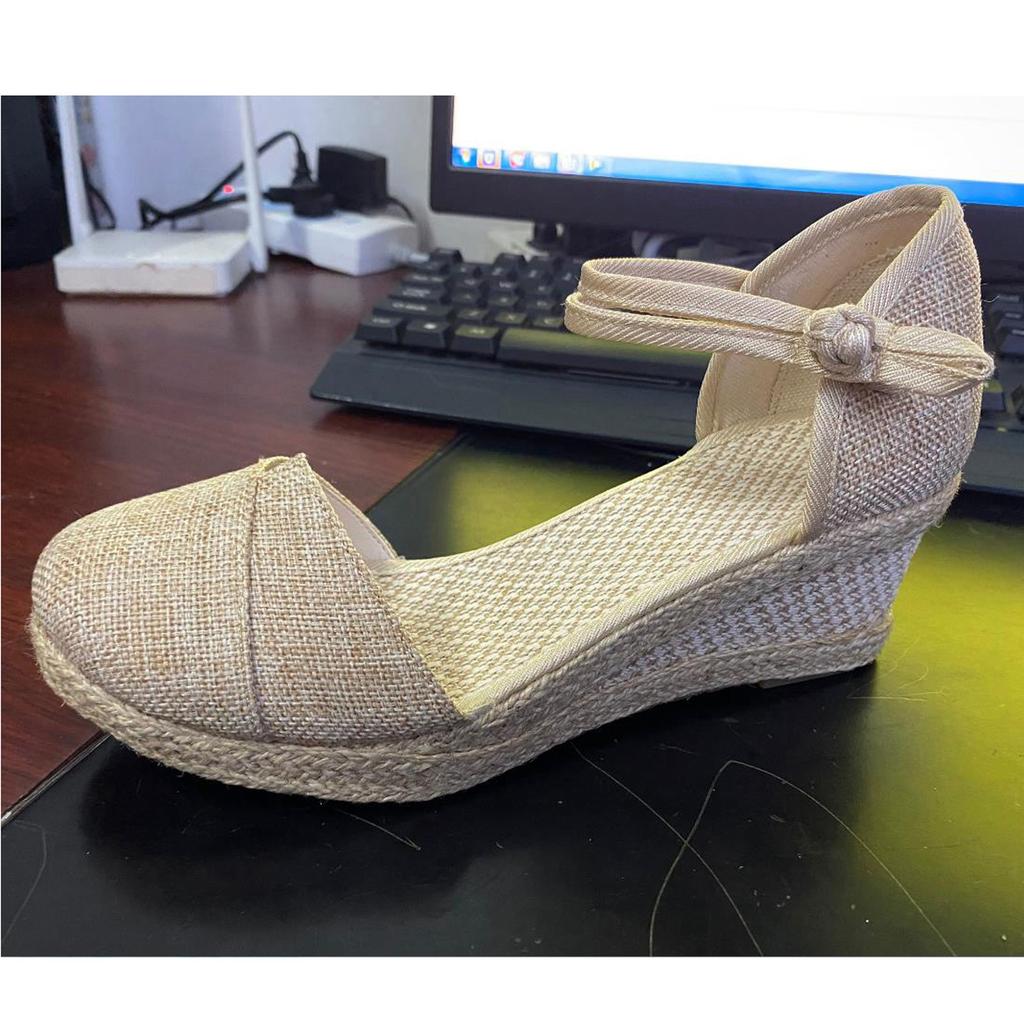 Womens Sandalias Wedges Comfortable Pointed Hemp Rope Weaving Casual Shoes