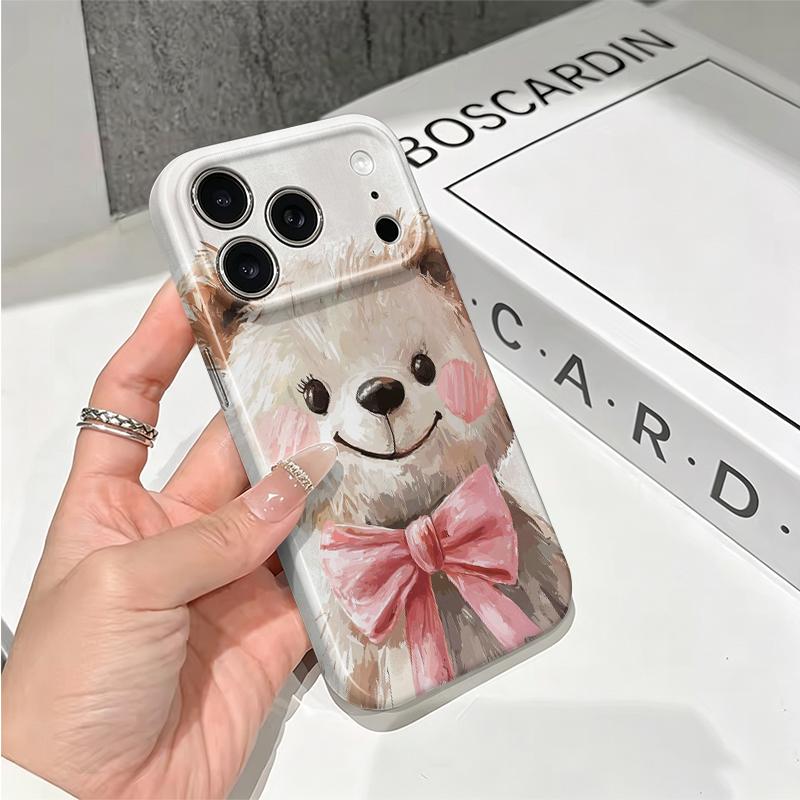 Cuddly Watercolor Teddy Bear Pink Bow Art Graphic Film Aesthetic Protective Shockproof Bumper Phone Case Cover For iPhone 14 15 16 Pro Max Plus