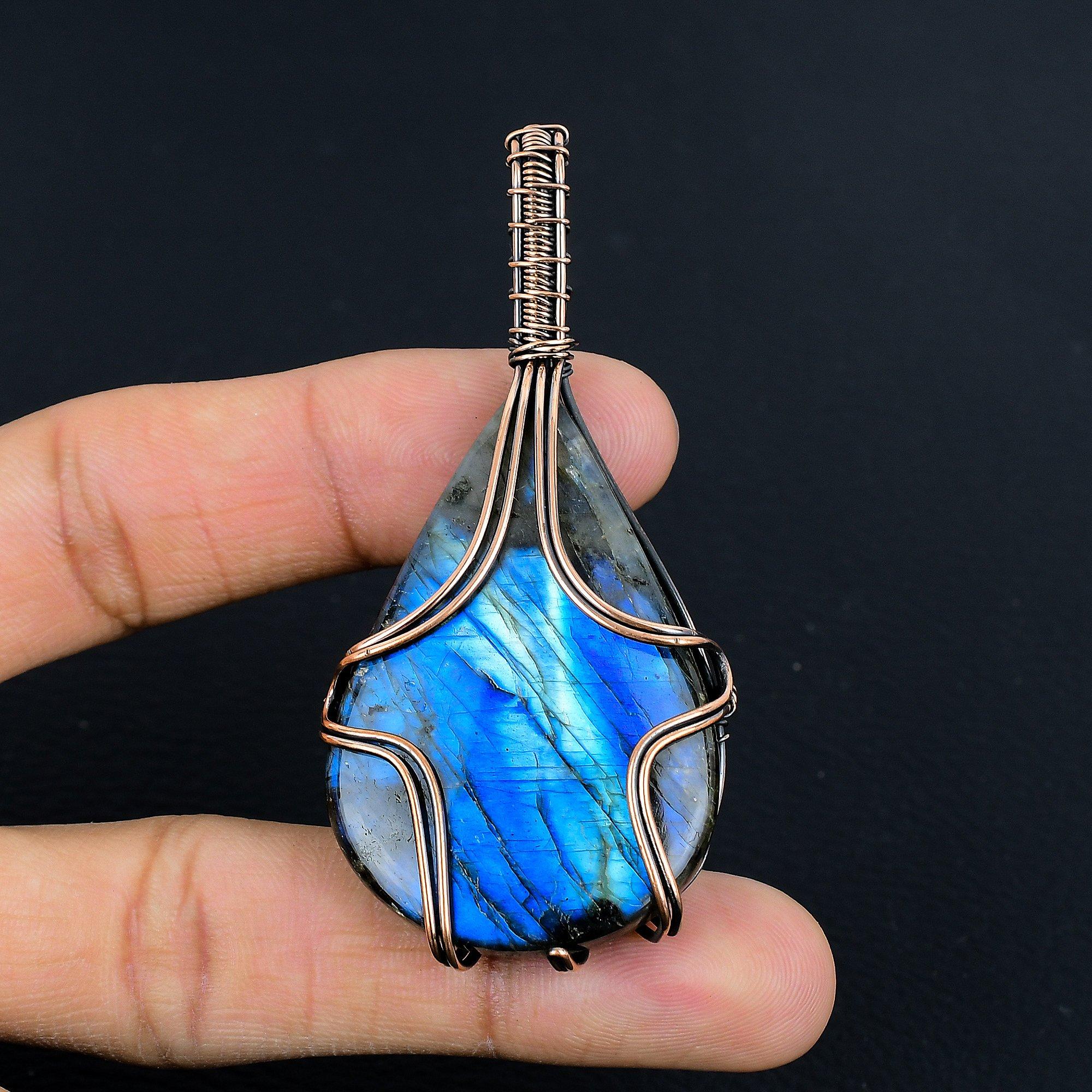 

Подвеска из лабрадорита, Подвеска ручной работы, обернутая медной проволокой 999 пробы, Антикварное украшение, Для подарка, Серебряное украшение 2.55 Inches