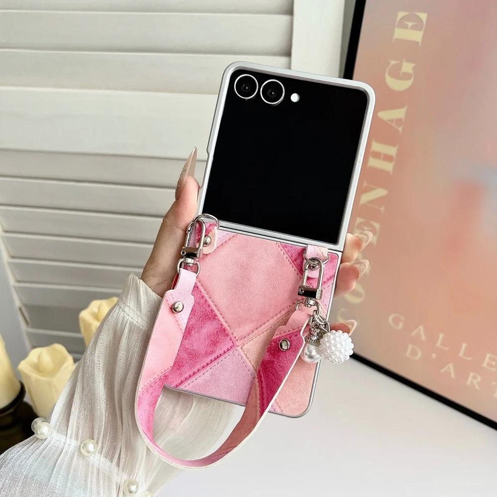 Fusion Business Sle Bla Color Collision Wristband Lanyard Leather Phone Case for Samsung Galaxy Z Flip 7 6 5 4 3 Protect Cover