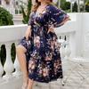 Women Summer Floral Print Casual Dress Short Sleeve V Neck High Waist Large Size Spring Fashion