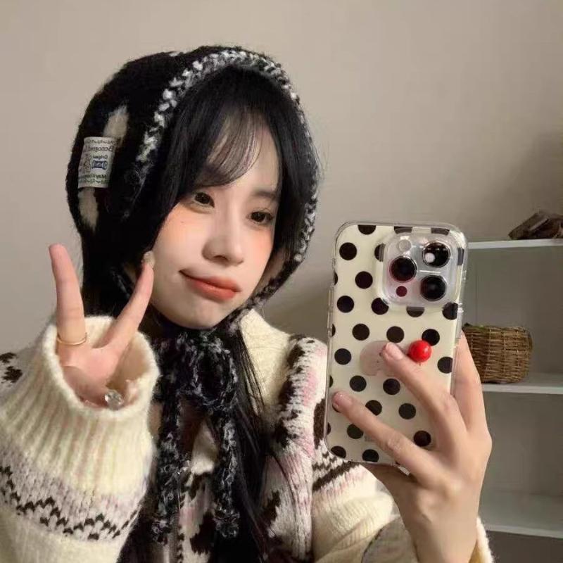 Womens Cute Polka Dot Fuzzy Knit Ear Flap Hat Soft Warm Fabric Adjustable Tie Strings For Winter Daily Wear Outdoor Activities