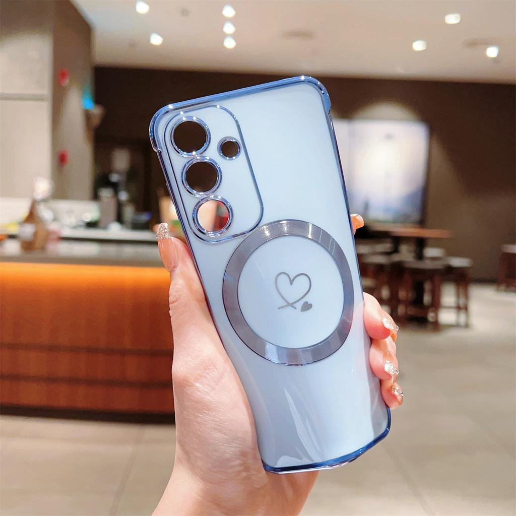 For Samsung Galaxy S23 FE Case Compatible with MagSafe Electroplated TPU Phone Cover Hollow Love Hearts