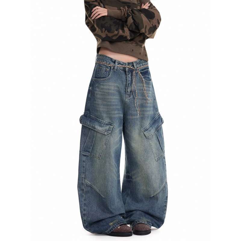 Джинсы-карго JYL Унисекс Американские Тяжелая стирка Много карманов Весенние Свободные Деним S бездна