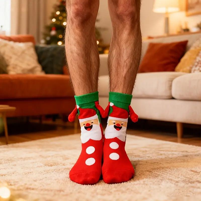 Creative Christmas Magnetic Couple Socks Funny Hand In Hand Design Stockings Red Cotton Mid-Calf Unisex Japanese Style Cute Sock