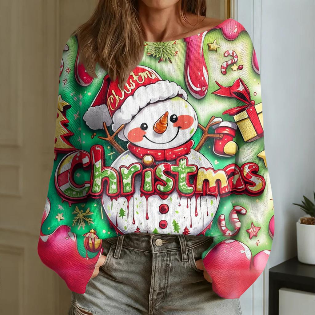 Women's Fashion Round Neck Long Sleeve Christmas Print Casual Knit Pullover Top