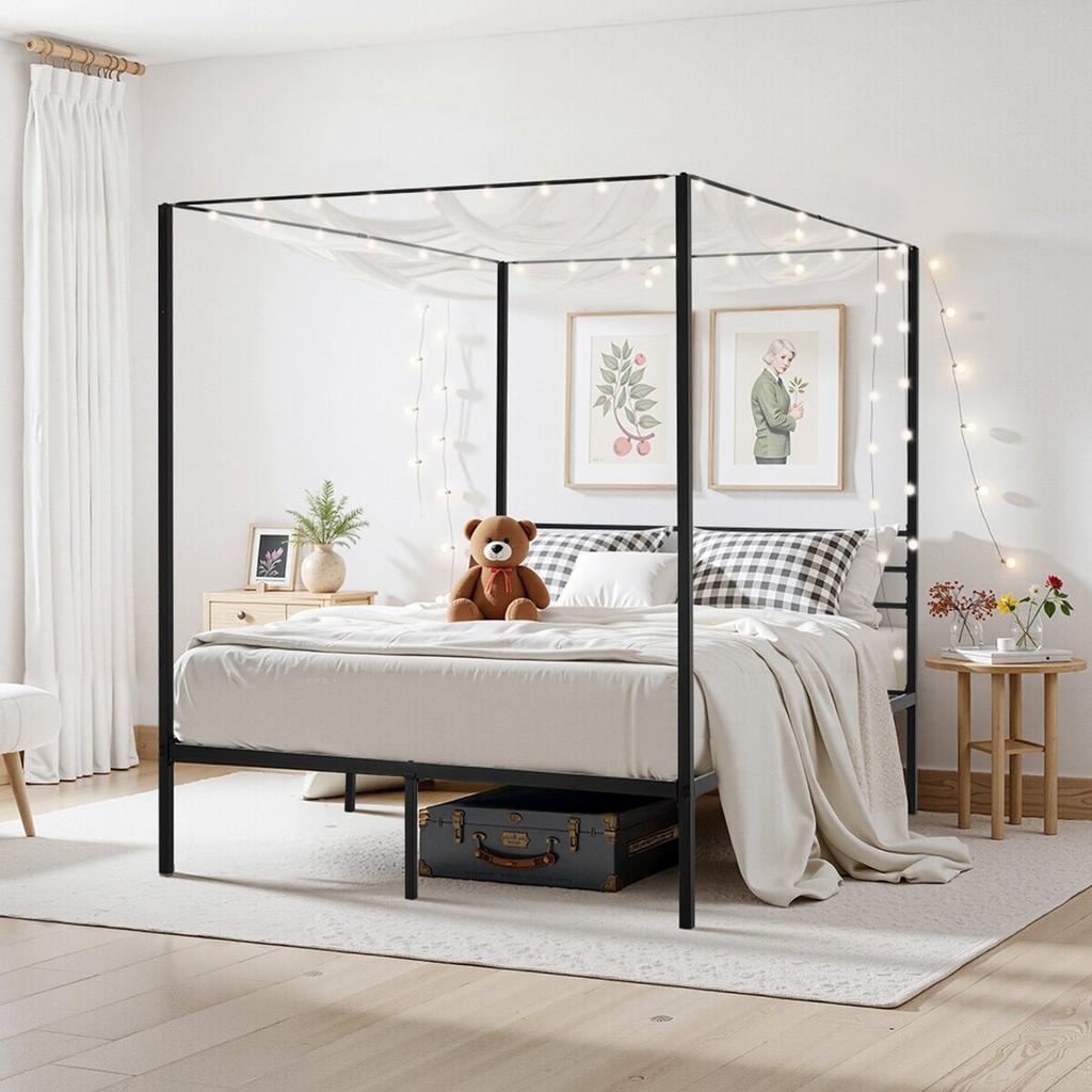 Queen Size Canopy Bed Frame, Metal Canopy Bed with Four Posters Design, Heavy Duty Steel Slats Support, Underbed Storage Space, No Box Spring Needed,